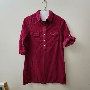 Old Navy Women's M Corduroy Shirt Dress tunic Western Pearl Snap Long Sleeve Red